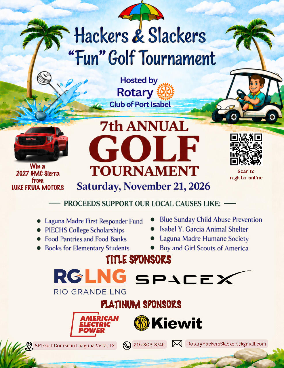 Flyer and sponsor information for the 2026 Hackers & Slackers 2026 tournament at South Padre Island Golf Club